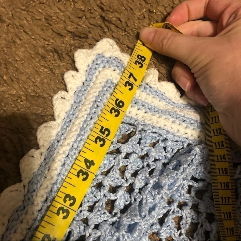 Blue Baby Blanket Hand Made Crochet White Border